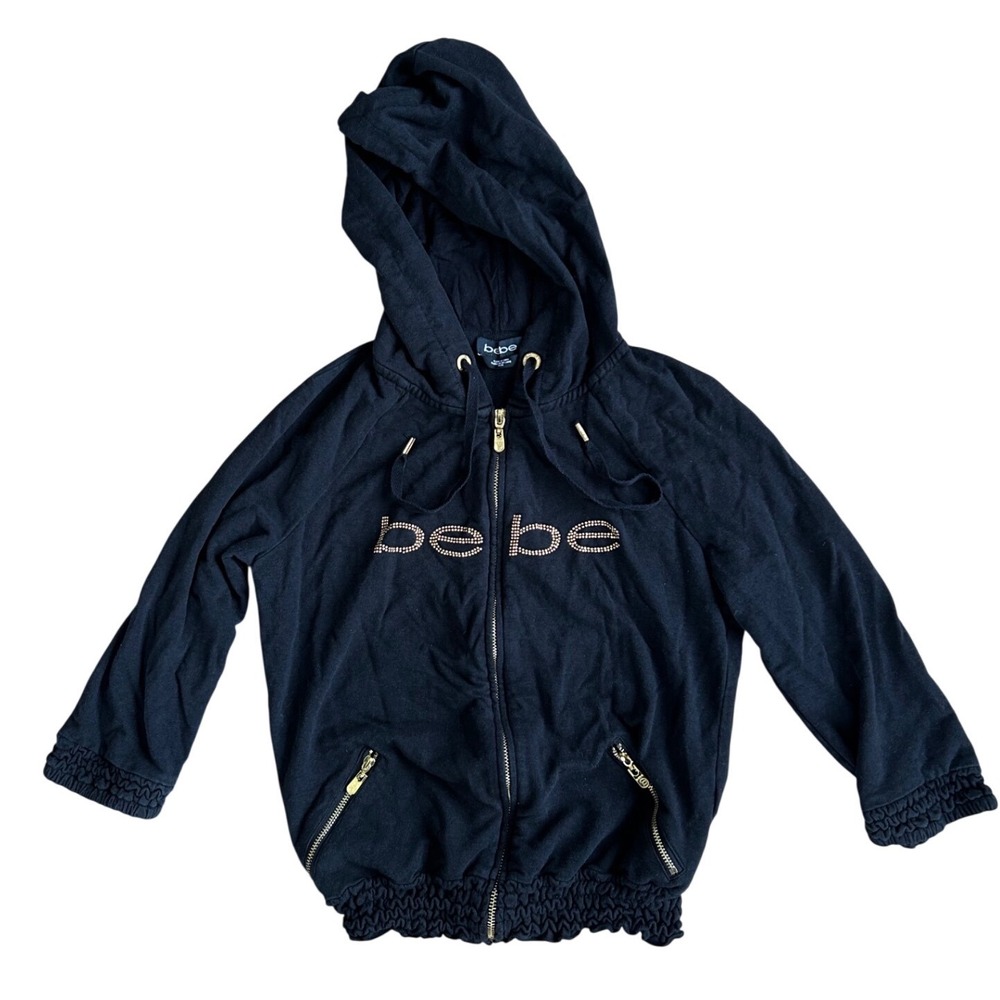 Bebe Vintage Y2K Grunge Baddieโ Rhinestone Logo Zip Up Hoodie Black Medium